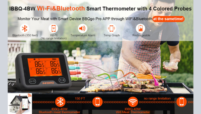 Inkbird Wifi Bluetooth Grill Thermometer IBBQ-4BW Rechargeable - Food  Safety Marketplace Product By Food Safety Select